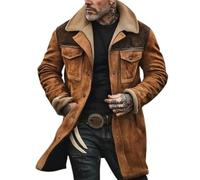 FGRID Veste Vintage en Faux Daim pour Homme, Manteaux de Cow-Boy Western à col en Peluche, Manteaux de Moto Longs et épais à Poches Multiples,Marron,L