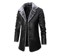 FGRID Vestes Longues en Cuir pour Hommes, Vestes d'affaires mi-Longues en PU doublées de Polaire à Revers en Velours rétro, Manteau de Moto Coupe-Vent à Boutons d'hiver,Noir,M