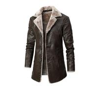 FGRID Vestes Longues en Cuir pour Hommes, Vestes d'affaires mi-Longues en PU doublées de Polaire à Revers en Velours rétro, Manteau de Moto Coupe-Vent à Boutons d'hiver,Marron,S