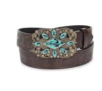 FGSS Ceinture western pour femme en cuir avec boucle en relief vintage pour homme, Turquoise café, Fit for Waist 28"-38"