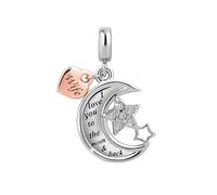 FGT Breloque bicolore en forme de cœur, lune et étoile compatible avec bracelets Pandora pour famille, amitié, anniversaire, fête des mères, Noël, I Love You to the Moon and Back, taille unique