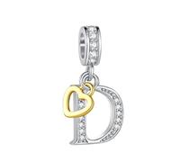 FGT Breloque bicolore en forme de lettre majuscule A-Z en forme de cœur en or rose compatible avec les bracelets Pandora pour femme, taille unique, Cuivre Zircone cubique, Pas de gemme