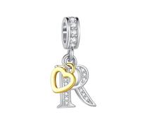 FGT Breloque bicolore en forme de lettre majuscule A-Z en forme de cœur en or rose compatible avec les bracelets Pandora pour femme, taille unique, Cuivre Zircone cubique, Pas de gemme