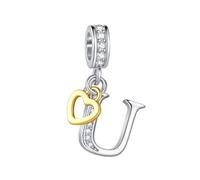 FGT Breloque bicolore en forme de lettre majuscule A-Z en forme de cœur en or rose compatible avec les bracelets Pandora pour femme, taille unique, Cuivre Zircone cubique, Pas de gemme