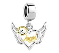 FGT Breloque en forme de cœur en forme d'aile d'ange pour bracelets et colliers compatible avec les bracelets à breloques Pandora,Doré et argenté,Cadeau pour femme, Zircone cubique, Pas de gemme