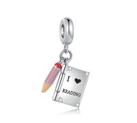 FGT Breloque livre ouvrable avec crayon compatible avec les bracelets Pandora - Cadeau pour femmes, fille, petite-fille - Anniversaire - J'aime la lecture - La connaissance est puissance, taille