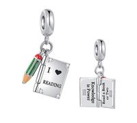 FGT Breloque livre ouvrable avec crayon compatible avec les bracelets Pandora Cadeau pour femmes, fille, petite-fille Anniversaire J'aime la lecture La connaissance, c'est le pouvoir, taille unique