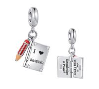 FGT Breloque livre ouvrable avec crayon compatible avec les bracelets Pandora - Cadeau pour femmes, fille, petite-fille - Anniversaire - J'aime la lecture - La connaissance, c'est le pouvoir, taille