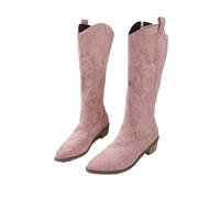 FGUJSUR Bottes de Cowboy brodées for femmes, bout pointu, talon épais, bottes hautes, en cuir, amples, longues, automne(Pink,38)