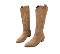 FGUJSUR Bottes de Cowboy brodées for femmes, bout pointu, talon épais, bottes hautes, en cuir, amples, longues, automne(Brown,38)