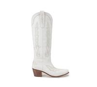 FGUJSUR Bottes de Cowboy en cuir brodées marron for femmes, chaussures luxe styliste à bout pointu et talon épais, hauteur du genou, blanc/noir(WHITE,38)