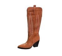 FGUJSUR Printemps automne daim gros talon haut genou bottes femmes bout pointu broderie décor longues chaussons de Cowboy(Brown,41)