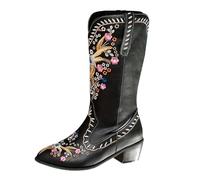 FGUUTYM Bottes de cowboy pour femme avec fleurs colorées - Bottes de cowboy tendance - Bottes western - Talon bas - Bottes mi-mollet - Automne - Hiver - Bottines de transition vintage western, Noir