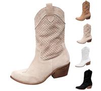 FGUUTYM Bottes de cowboy pour femme - Bout pointu - Bottines moyennes - Respirantes - Courtes - À enfiler - Talon bloc - Bottes de cowgirl - Bottes de transition, beige, 39 EU