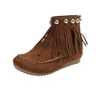 FGUUTYM Bottes pour femme avec franges, en daim, bout rond, semelle plate, vintage, antidérapantes, légères, bottines d'équitation, bottines de transition, bottes mi-mollet, Z2 Café, 38 EU