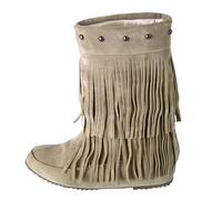 FGUUTYM Bottines tendance pour femme avec franges - Bottes plates à enfiler - En daim - Bottes d'hiver chaudes mi-hautes - Bottes de cowboy médiévales - Bottes de transition, beige, 38 EU