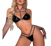 FGUUTYM Femmes Noir PU Striptease Costume Sous-vêtements Lingerie Femme Sexy Pearl Deux Pièces Lingerie Calendrier de Noël Lingerie, Noir , S