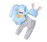 FGUUTYM Grenouillère à manches longues pour bébé fille - Lettre de Pâques - Imprimé lapin - Body - Pantalon rayé - Chapeau - Tenues - Équipement de première fille, bleu, 9-12 mois
