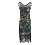 FGUUTYM Robe à paillettes des années 1920 pour femme - Avec perles à paillettes - Longue robe à pompons - Maille contrastée - Fermeture éclair dans le dos - Robe transparente, Vert, M