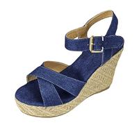 FGUUTYM Sandales à bout ouvert et sangle de cheville pour femme Sandales compensées en jean pour femme Chaussures d'été 43, bleu foncé, 38 EU