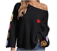 FGVFCS Pull tricoté pour femme avec motif cœur et fleur - Vêtements d'hiver élégants pour le bureau - Pull décontracté et solide - Pull d'extérieur, 01 Noir, M
