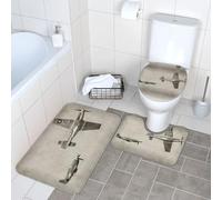 Fgwaauh Lot de 3 tapis de salle de bain en forme d'avion de la Seconde Guerre mondiale en forme de U, tapis de sol et housse de couvercle de toilette