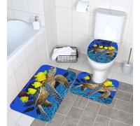 Fgwaauh Lot de 3 tapis de salle de bain en forme de tortue de mer avec poissons en forme de U, tapis de sol et couvercle de toilette