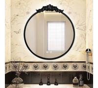 FGXHHS Miroir Mural Rond orné, Style Antique, avec éclairage LED Tricolore à intensité Variable et Fonction antibuée, Cadre Noir Vintage, 34"×32"/26"×24" pour Chambre ou entrée (3 Couleur