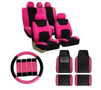 FH GROUP Ensemble Complet de Housses de siège de Voiture avec Tapis de Sol, Housses de Volant et Coussinets de Ceinture de sécurité - Ajustement Universel pour Voitures, camions et SUV - Rose