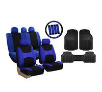 FH GROUP Light & Breezy Cloth Ensemble Complet de Housses de siège de Voiture (Bleu/Noir) Ensemble Combo : Housse de Volant, Coussinets de Ceinture de sécurité et Tapis de Sol en Vinyle Noir -