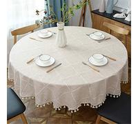 Fhberni Nappe Ronde à Glands - Plaid épais - en Coton et Lin - pour Cuisine - Décoration de Table - Beige - 160 cm - Rond