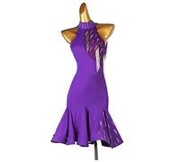 FHDCNUY Robe De Danse Latine Salsa Femme Robes De Soirée Tango À Franges Faites À La Main Col Haut Crystals Performance Costume pour Rumba Samba Cha Cha Tenues De Danse,Violet,3XL
