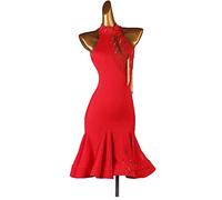 FHDCNUY Robe De Danse Latine Salsa Femme Robes De Soirée Tango À Franges Faites À La Main Col Haut Crystals Performance Costume pour Rumba Samba Cha Cha Tenues De Danse,Rouge,XL