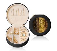 FHEBNDS Étui à bijoux de voyage en cuir pour femme, cadeau d'anniversaire, boîte à bijoux à paillettes dorées scintillantes avec fermeture éclair, petite boîte de rangement ronde pour bagues, boucles