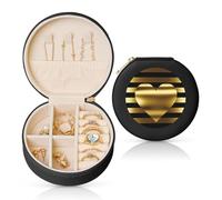 FHEBNDS Étui à bijoux de voyage en cuir pour femme, cadeau d'anniversaire, boîte à bijoux à rayures en forme de cœur doré avec fermeture éclair, petite boîte de rangement ronde pour bagues, boucles