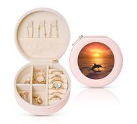 FHEBNDS Étui à bijoux de voyage en cuir pour femme, cadeau d'anniversaire, boîte à bijoux dauphin et coucher de soleil avec fermeture éclair, petite boîte de rangement ronde pour bagues, boucles