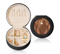 FHEBNDS Étui à bijoux de voyage en cuir pour femme, cadeau d'anniversaire, boîte à bijoux en forme d'ours marron avec fermeture éclair, petite boîte de rangement ronde pour bagues, boucles d'oreilles