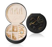 FHEBNDS Étui à bijoux de voyage en cuir pour femme, cadeau d'anniversaire, boîte à bijoux en marbre noir et doré avec fermeture éclair, petite boîte de rangement ronde pour bagues, boucles d'oreilles