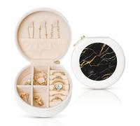 FHEBNDS Étui à bijoux de voyage en cuir pour femme, cadeau d'anniversaire, boîte à bijoux en marbre noir et doré avec fermeture éclair, petite boîte de rangement ronde pour bagues, boucles d'oreilles
