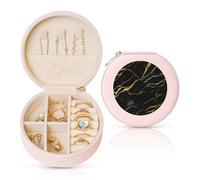 FHEBNDS Étui à bijoux de voyage en cuir pour femme, cadeau d'anniversaire, boîte à bijoux en marbre noir et doré avec fermeture éclair, petite boîte de rangement ronde pour bagues, boucles d'oreilles