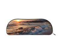 FHEBNDS Grande trousse de maquillage en cuir avec fermeture éclair - Motif plage Maui Hawaï, coucher de soleil, vagues de mer, nuages - Pour homme et femme, doré, One Size