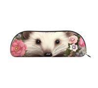 FHEBNDS Grande trousse de maquillage en cuir avec motif de hérisson dans une couronne florale pour homme et femme, grande trousse à crayons, porte-monnaie, trousse de maquillage en cuir avec fermeture