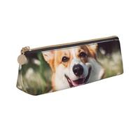 FHEBNDS Happy Corgi Trousse de maquillage en cuir avec fermeture éclair pour homme et femme - Grande trousse à crayons - Trousse à crayons - Trousse de maquillage en cuir avec fermeture éclair