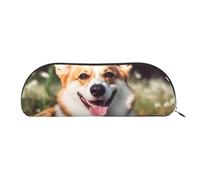 FHEBNDS Happy Corgi Trousse de maquillage en cuir avec fermeture éclair pour homme et femme - Grande trousse à crayons - Trousse à crayons - Trousse de maquillage en cuir avec fermeture éclair
