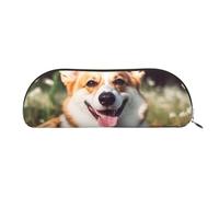 FHEBNDS Happy Corgi Trousse de maquillage en cuir avec fermeture éclair pour homme et femme - Grande trousse à crayons - Trousse à crayons - Trousse de maquillage en cuir avec fermeture éclair