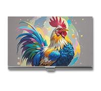 FHECVBN Porte-cartes de visite artistique coloré avec motif poule - Étui fin en métal pour cartes de visite - Boucle de fermeture pour homme et femme, Art Poulet coloré, 3.7 x 2.2 x 0.3 Inches,