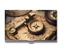 FHECVBN Porte-cartes de visite avec boussole et carte du monde ancien, étui de poche fin en métal pour cartes de visite, porte-cartes de crédit, fermeture à boucle pour homme et femme, Boussole et