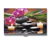 FHECVBN Porte-cartes de visite avec fleurs dans la fontaine - Pierres de massage imprimées - Étui fin en métal pour cartes de visite - Porte-cartes de crédit - Fermeture à boucle - Pour homme et