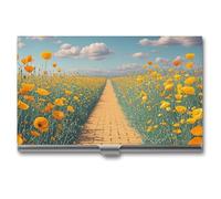 FHECVBN Porte-cartes de visite fin en métal avec motif de coquelicots, chemin de briques jaunes, pour hommes, femmes, agents, Champ de coquelicots Jaune Brique Route, 3.7 x 2.2 x 0.3 Inches,