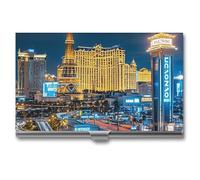 FHECVBN Porte-cartes de visite Las Vegas avec vue nocturne imprimée - Étui fin en métal pour cartes de visite - Fermeture à boucle - Pour homme et femme, Las Vegas Night View, 3.7 x 2.2 x 0.3 Inches,